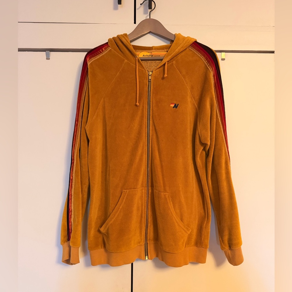 Aviator Nation Gold Velour Zip Hoodie with Rainbow Stripes - Size L